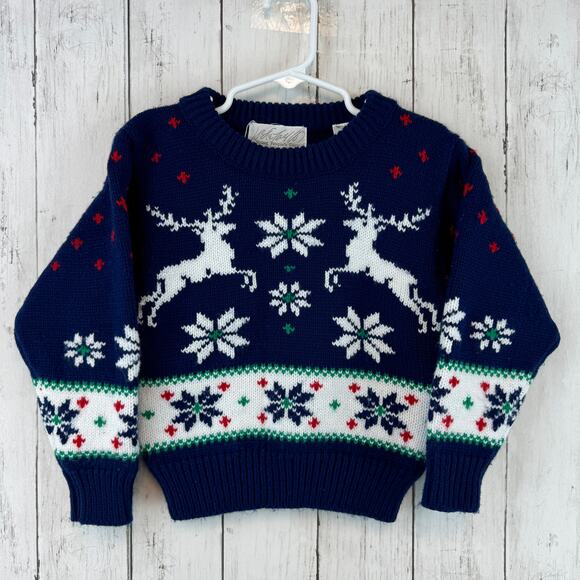 VTG Lord & Taylor Blue Fair Isle Reindeer Knit Sweater Kids Size Small 4 Unisex - Picture 1 of 13